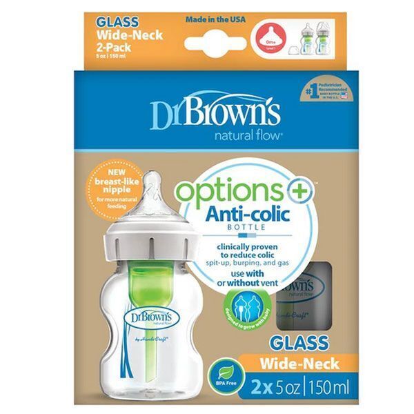 Dr Brown's 150ml Options+ Glass Wide Neck Bottle 2pk