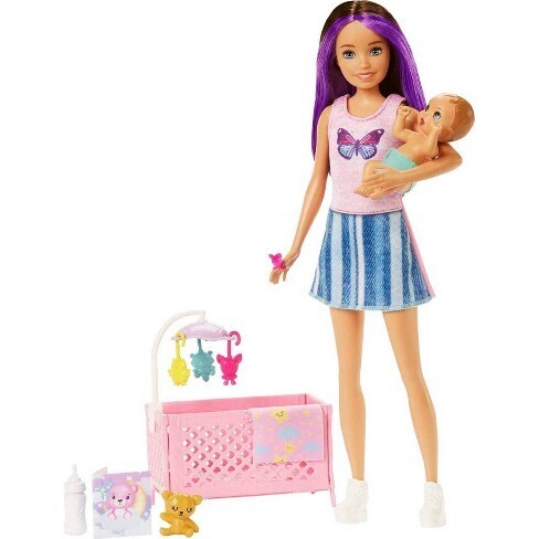 Barbie Dolls and Accessories, Skipper Doll (Two-Tone Hair) with Baby Figure  and 5 Accessories, Babysitters Inc. Playset