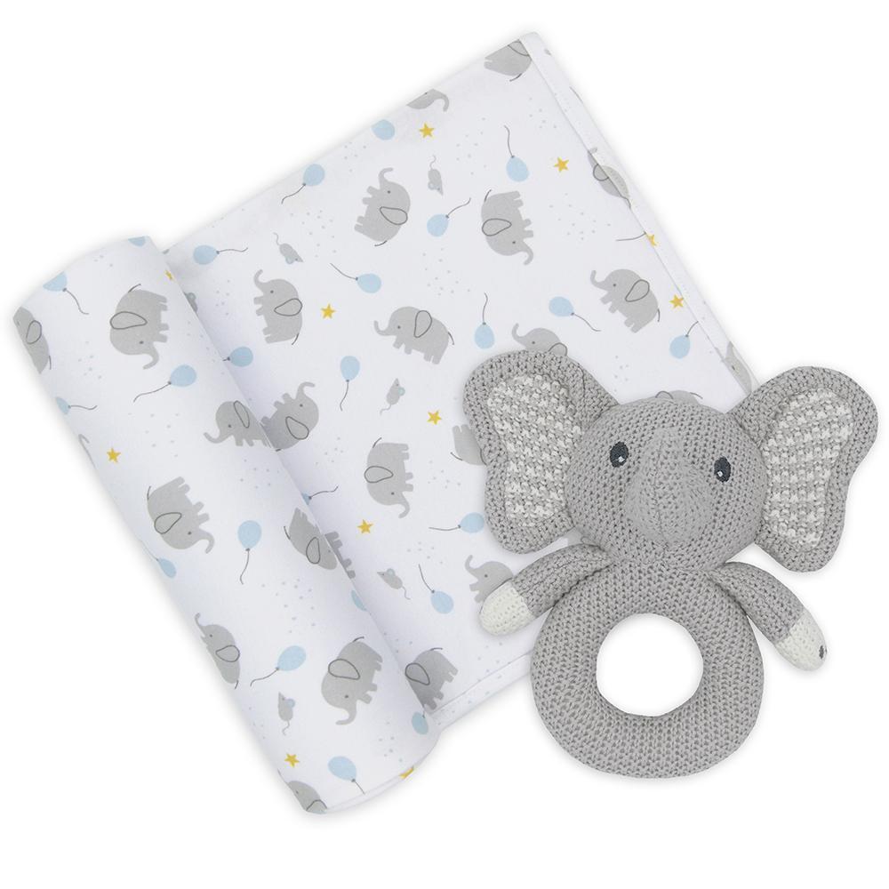 Living Textiles Jersey Swaddle & Rattle Gift Set Mason/Elephant