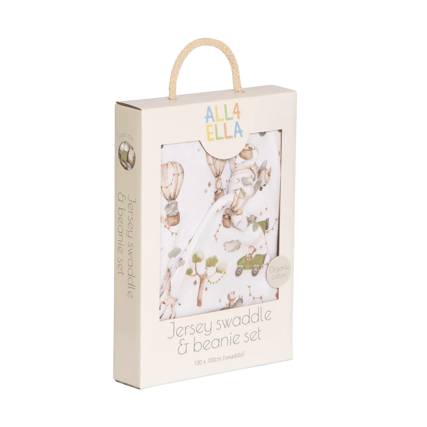 All4Ella Organic Cotton Jersey Swaddle & Beanie Set Monkey Carnival