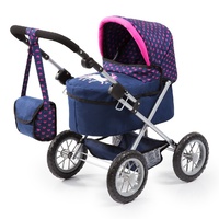 Bayer Doll Pram Trendy - Dark Blue with Pink Hearts & Unicorn 13054