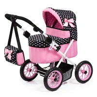 Bayer Trendy Doll Pram Pink with Black Hood & Pink Bow 13060