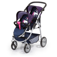 Bayer Twin Doll Pram Dark Blue with Pink Hearts 26554