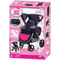 Bayer Doll Pram Twin Star - Blue with Pink Hearts & Unicorn 39454