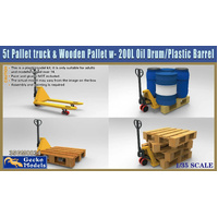 Gecko 1:35 Scale 5t Pallet Truck & Wooden Pallet w- 200L Oil Drum/Plastic Barrel Model Kit GM35034