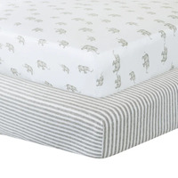 Living Textiles Cotton Jersey Cot Fitted Sheet 2 Pack - Elephant/Stripes **