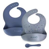 Plum 2 Pack Silicone Bib & Spoon Set Steel Blue/Denim