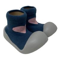 Little Eaton Rubber Soled Sock Navy with Pink Heart Assorted Sizes