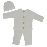 Living Textiles 3pc Cotton Knit Cardigan, Pant & Beanie Set - Ivory