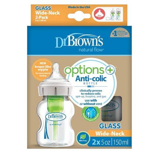 Dr Brown's 150ml Options+ Glass Wide Neck Bottle 2pk WB52700