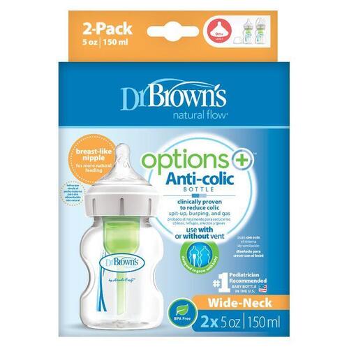Dr Brown's 150ml Wide Neck Feeding Bottle Options+ with Level 1 Teat 2pk WB52600