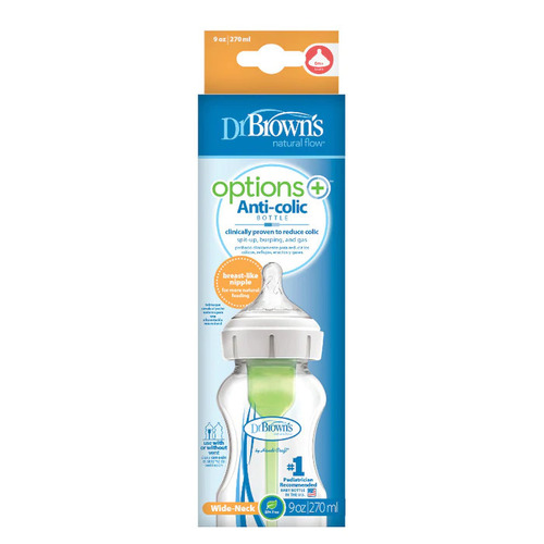 Dr Brown's 270ml Wide Neck Feeding Bottle Options+ with Level 1 Teat 1pk WB916