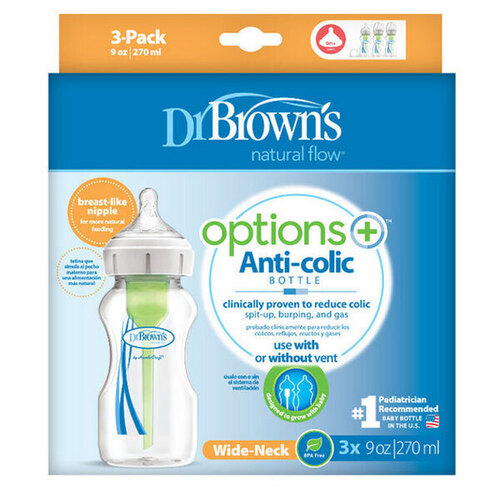 Dr Brown's 270ml Wide Neck Feeding Bottle Options+ with Level 1 Teat 3pk WB936