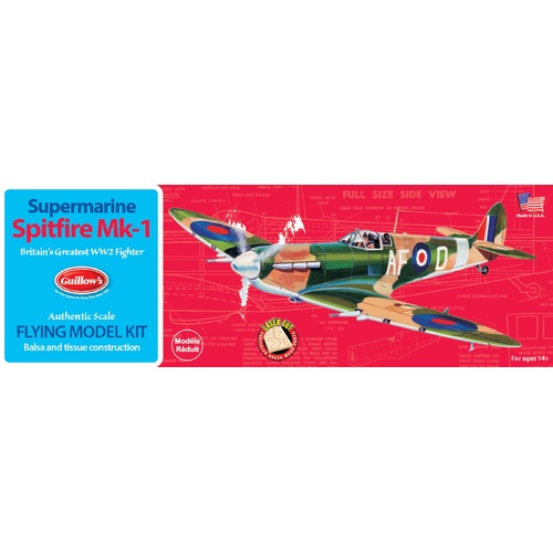 Guillow's Supermarine Spitfire Mk-1 1:30 Scale Rubber Powered Flying Balsa Model Kit GUI-504