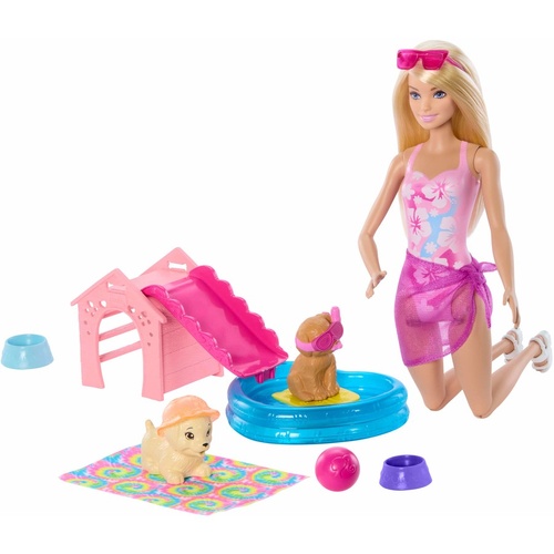 Barbie Puppy Pool Party Playset Aloha Blonde Doll JBF35