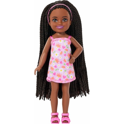Barbie Club Chelsea Doll - Black Hair with Heart/Flower Print Dress DWJ33