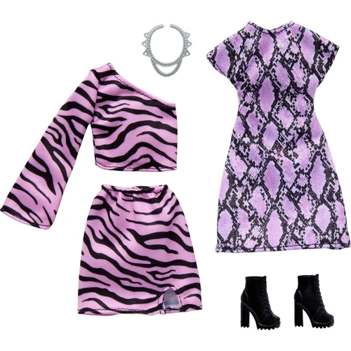 Barbie Style Fashion Clothes 2pk Diamond Purple Dress & Pink Tiger Stripe Set MATGWF04