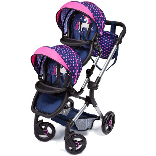 Bayer Neo Twin Doll Pram Blue with Pink Hearts and Unicorn 26254