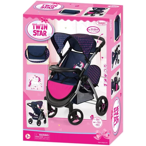 Bayer Doll Pram Twin Star - Blue with Pink Hearts & Unicorn 39454