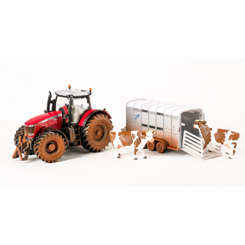 Siku Farmer Massey Ferguson MF 8680 with Dirty Look Ifor-Williams Stock Trailer 1:32 Scale SI8608**