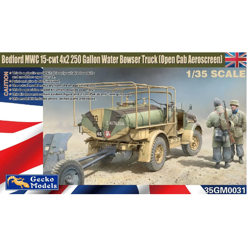 Gecko Bedford MWC 15-cwt 4x2 250 Gallon Water Bowser Truck (Open Cab Aeroscreen) 1:35 Scale Model Kit GM35031