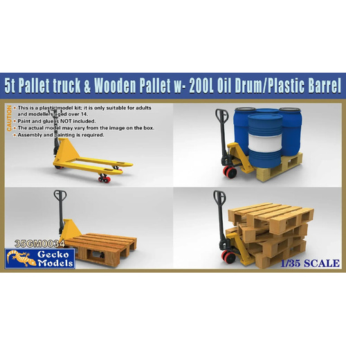 Gecko 1:35 Scale 5t Pallet Truck & Wooden Pallet w- 200L Oil Drum/Plastic Barrel Model Kit GM35034
