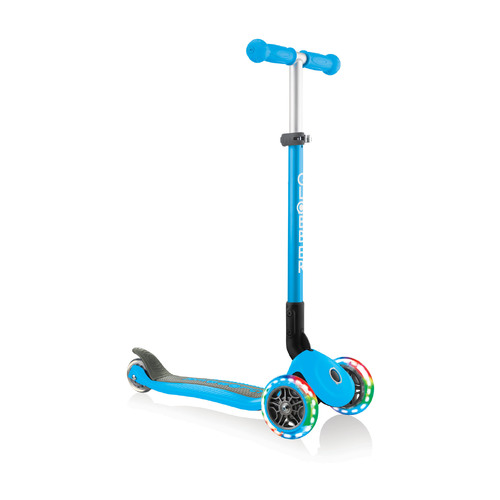 Globber PRIMO Foldable Lights w/Ano TBar Three Wheel Scooter - Sky Blue 432-101-2