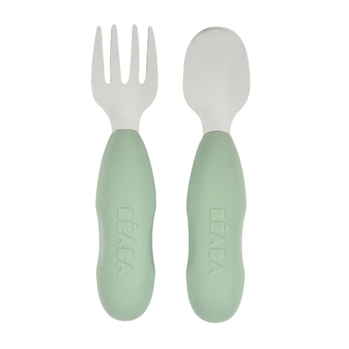 Beaba Fork & Spoon Stainless Steel Pre-Cutlery Set - Sage Green