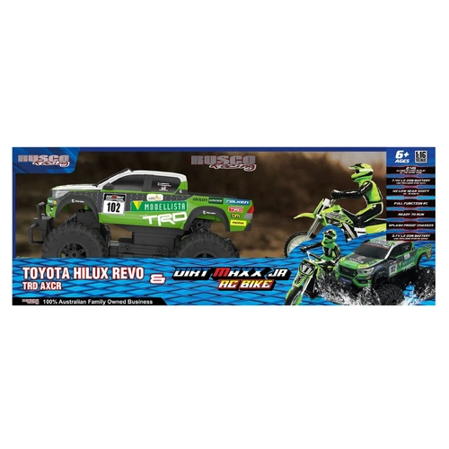 Rusco Racing 1:16 R/C Toyota Hilux Revo TRD AXCR & Dirt Maxx Bike Colours Vary; One Supplied 