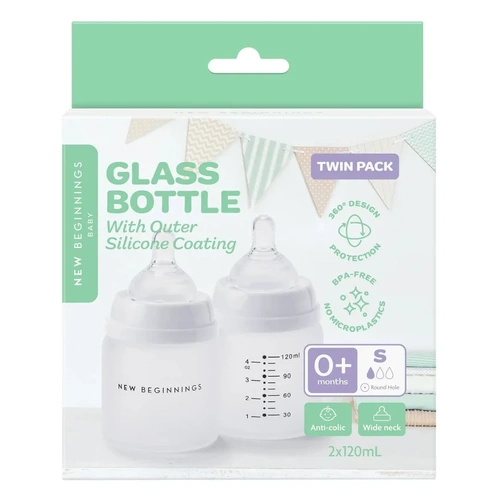 New Beginnings Glass Bottle 2 x120ml Silicone Outer Pack NISB1202
