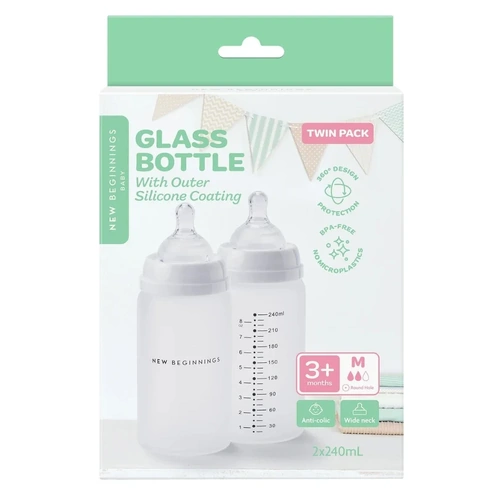 New Beginnings Glass Bottle 2 x240ml Silicone Outer Pack NISB2402