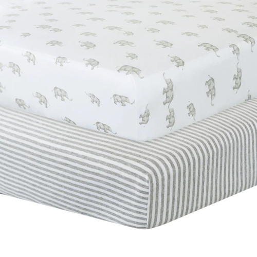 Living Textiles Cotton Jersey Cot Fitted Sheet 2 Pack - Elephant/Stripes **