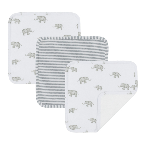 Living Textiles Face Washers 3 Pack Grey Elephant/Stripes
