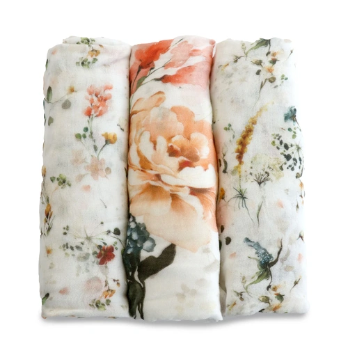 Bubba Blue Organic Cotton 3pk Muslin Wraps Peonies 16942