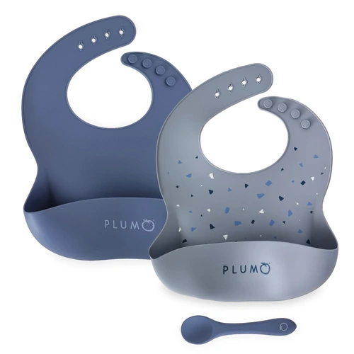 Plum 2 Pack Silicone Bib & Spoon Set Steel Blue/Denim