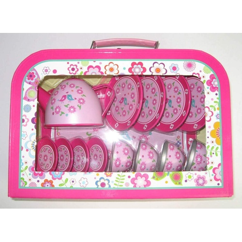 Bubbadoo 15 piece Tea Set Metal with Case [Style: Pink] BD0029