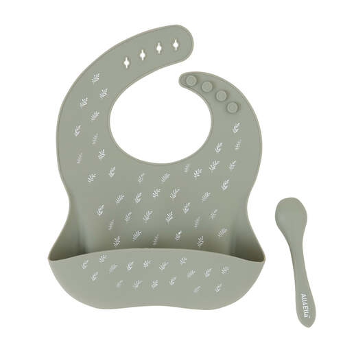All4Ella Silicone Bib & Spoon with Reusable Pouch Assorted Colours [Colour: Olive]