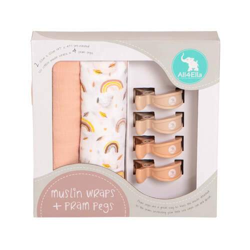 All4Ella 2pk Muslin Wraps & 4 Pram Pegs Assorted Styles [Style: Rainbows/Peach]