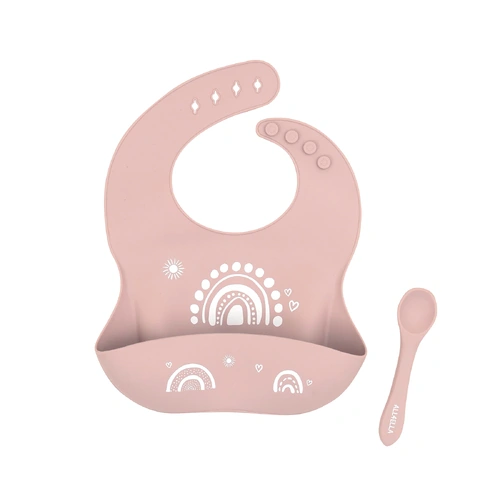 All4Ella Silicone Bib & Spoon with Reusable Pouch Assorted Colours [Colour: Dusty Pink]