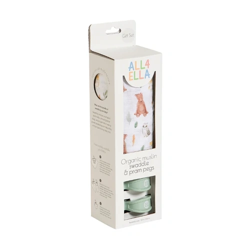 All4Ella Organic Cotton Muslin Swaddle & 2 Pram Pegs - Forest Friends