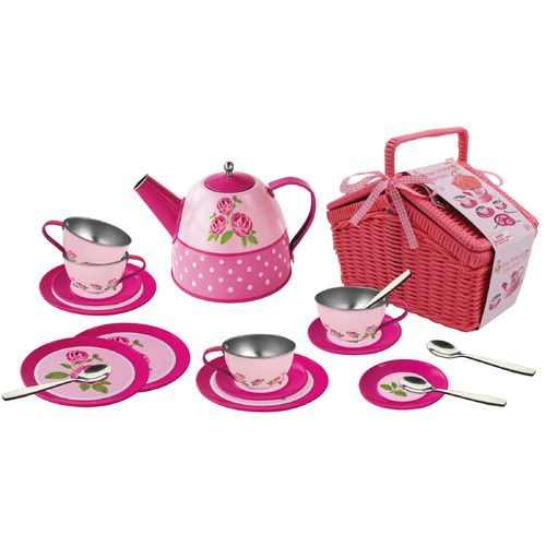 Kaper Kidz Rose Tin Tea Set in Picnic Basket 18pcs CH42047