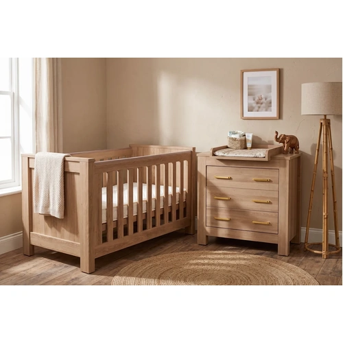 Love n Care Bordeaux Cot, Chest & Mattress Package - Hushed Brown Oak